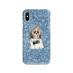 Shih tzu Long hair Denim phone case. 6 Denim styles for your Iphone 15 Pro Max, Iphone 14, 13, 12 to 6 & Samsung Galaxy S23 Ultra, S22, S21 to S6. 11 adventure dogs case denim shih tzu long hair bleached damask denim front view