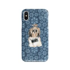 Shih tzu Long hair Denim phone case. 6 Denim styles for your Iphone 15 Pro Max, Iphone 14, 13, 12 to 6 & Samsung Galaxy S23 Ultra, S22, S21 to S6. 12 adventure dogs case denim shih tzu long hair daisy denim front view