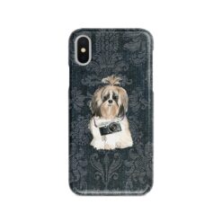 Shih tzu Long hair Denim phone case. 6 Denim styles for your Iphone 15 Pro Max, Iphone 14, 13, 12 to 6 & Samsung Galaxy S23 Ultra, S22, S21 to S6. 13 adventure dogs case denim shih tzu long hair dark damask denim front view