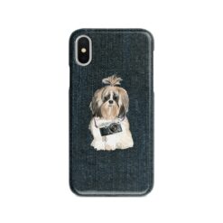 Shih tzu Long hair Denim phone case. 6 Denim styles for your Iphone 15 Pro Max, Iphone 14, 13, 12 to 6 & Samsung Galaxy S23 Ultra, S22, S21 to S6. 14 adventure dogs case denim shih tzu long hair dark denim front view