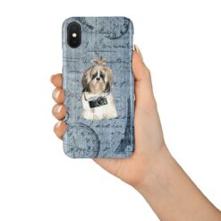 Shih tzu Long hair Denim phone case. 6 Denim styles for your Iphone 15 Pro Max, Iphone 14, 13, 12 to 6 & Samsung Galaxy S23 Ultra, S22, S21 to S6. 16 adventure dogs case denim shih tzu long hair faded ephemera denim in hand