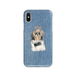 Shih tzu Long hair Denim phone case. 6 Denim styles for your Iphone 15 Pro Max, Iphone 14, 13, 12 to 6 & Samsung Galaxy S23 Ultra, S22, S21 to S6. 15 adventure dogs case denim shih tzu long hair gently faded denim front view