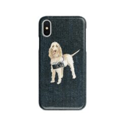 Spinone Italiano Denim phone case. 6 Denim styles for your Iphone 15 Pro Max, Iphone 14, 13, 12 to 6 & Samsung Galaxy S23 Ultra, S22, S21 to S6. 13 adventure dogs case denim spinone italiano dark denim front view