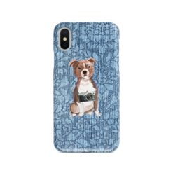 Staffordshire Bull Terrier Denim phone case. 6 Denim styles for your Iphone 15 Pro Max, Iphone 14, 13, 12 to 6 & Samsung Galaxy S23 Ultra, S22, S21 to S6. 10 adventure dogs case denim staffordshire bull terrier bleached damask denim front view