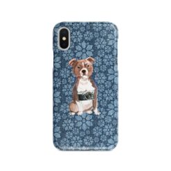 Staffordshire Bull Terrier Denim phone case. 6 Denim styles for your Iphone 15 Pro Max, Iphone 14, 13, 12 to 6 & Samsung Galaxy S23 Ultra, S22, S21 to S6. 11 adventure dogs case denim staffordshire bull terrier daisy denim front view