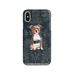 Staffordshire Bull Terrier Denim phone case. 6 Denim styles for your Iphone 15 Pro Max, Iphone 14, 13, 12 to 6 & Samsung Galaxy S23 Ultra, S22, S21 to S6. 12 adventure dogs case denim staffordshire bull terrier dark damask denim front view