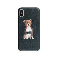 Staffordshire Bull Terrier Denim phone case. 6 Denim styles for your Iphone 15 Pro Max, Iphone 14, 13, 12 to 6 & Samsung Galaxy S23 Ultra, S22, S21 to S6. 13 adventure dogs case denim staffordshire bull terrier dark denim front view