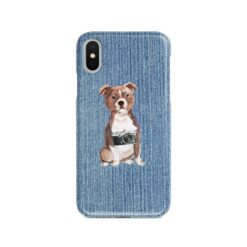 Staffordshire Bull Terrier Denim phone case. 6 Denim styles for your Iphone 15 Pro Max, Iphone 14, 13, 12 to 6 & Samsung Galaxy S23 Ultra, S22, S21 to S6. 14 adventure dogs case denim staffordshire bull terrier gently faded denim front view