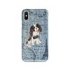 Tri colour King Charles Spaniel Denim phone case. 6 Denim styles for your Iphone 15 Pro Max, Iphone 14, 13, 12 to 6 & Samsung Galaxy S23 Ultra, S22, S21 to S6. 2 adventure dogs case denim tri colour king charles spaniel faded ephemera denim front view