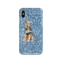 Welsh Terrier Denim phone case. 6 Denim styles for your Iphone 15 Pro Max, Iphone 14, 13, 12 to 6 & Samsung Galaxy S23 Ultra, S22, S21 to S6. 10 adventure dogs case denim welsh terrier bleached damask denim front view