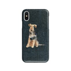 Welsh Terrier Denim phone case. 6 Denim styles for your Iphone 15 Pro Max, Iphone 14, 13, 12 to 6 & Samsung Galaxy S23 Ultra, S22, S21 to S6. 13 adventure dogs case denim welsh terrier dark denim front view