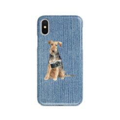 Welsh Terrier Denim phone case. 6 Denim styles for your Iphone 15 Pro Max, Iphone 14, 13, 12 to 6 & Samsung Galaxy S23 Ultra, S22, S21 to S6. 14 adventure dogs case denim welsh terrier gently faded denim front view