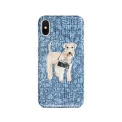 Wheaten Terrier Denim phone case. 6 Denim styles for your Iphone 15 Pro Max, Iphone 14, 13, 12 to 6 & Samsung Galaxy S23 Ultra, S22, S21 to S6. 10 adventure dogs case denim wheaten terrier bleached damask denim front view