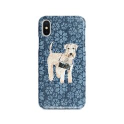 Wheaten Terrier Denim phone case. 6 Denim styles for your Iphone 15 Pro Max, Iphone 14, 13, 12 to 6 & Samsung Galaxy S23 Ultra, S22, S21 to S6. 11 adventure dogs case denim wheaten terrier daisy denim front view
