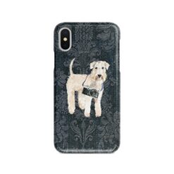 Wheaten Terrier Denim phone case. 6 Denim styles for your Iphone 15 Pro Max, Iphone 14, 13, 12 to 6 & Samsung Galaxy S23 Ultra, S22, S21 to S6. 12 adventure dogs case denim wheaten terrier dark damask denim front view