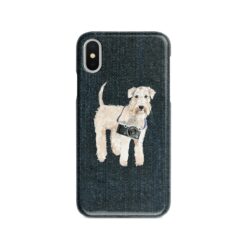 Wheaten Terrier Denim phone case. 6 Denim styles for your Iphone 15 Pro Max, Iphone 14, 13, 12 to 6 & Samsung Galaxy S23 Ultra, S22, S21 to S6. 13 adventure dogs case denim wheaten terrier dark denim front view