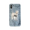 Wheaten Terrier Denim phone case. 6 Denim styles for your Iphone 15 Pro Max, Iphone 14, 13, 12 to 6 & Samsung Galaxy S23 Ultra, S22, S21 to S6. 2 adventure dogs case denim wheaten terrier faded ephemera denim front view