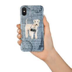 Wheaten Terrier Denim phone case. 6 Denim styles for your Iphone 15 Pro Max, Iphone 14, 13, 12 to 6 & Samsung Galaxy S23 Ultra, S22, S21 to S6. 15 adventure dogs case denim wheaten terrier faded ephemera denim in hand
