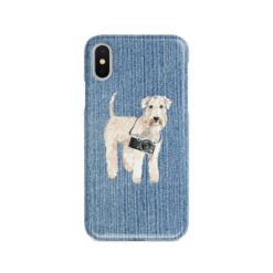 Wheaten Terrier Denim phone case. 6 Denim styles for your Iphone 15 Pro Max, Iphone 14, 13, 12 to 6 & Samsung Galaxy S23 Ultra, S22, S21 to S6. 14 adventure dogs case denim wheaten terrier gently faded denim front view