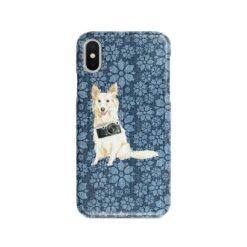 White Collie Denim phone case. 6 Denim styles for your Iphone 15 Pro Max, Iphone 14, 13, 12 to 6 & Samsung Galaxy S23 Ultra, S22, S21 to S6. 11 adventure dogs case denim white collie daisy denim front view