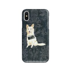 White Collie Denim phone case. 6 Denim styles for your Iphone 15 Pro Max, Iphone 14, 13, 12 to 6 & Samsung Galaxy S23 Ultra, S22, S21 to S6. 12 adventure dogs case denim white collie dark damask denim front view