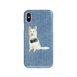 White Collie Denim phone case. 6 Denim styles for your Iphone 15 Pro Max, Iphone 14, 13, 12 to 6 & Samsung Galaxy S23 Ultra, S22, S21 to S6. 14 adventure dogs case denim white collie gently faded denim front view