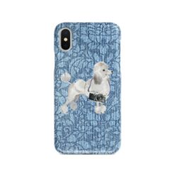 White poodle Denim phone case. 6 Denim styles for your Iphone 15 Pro Max, Iphone 14, 13, 12 to 6 & Samsung Galaxy S23 Ultra, S22, S21 to S6. 10 adventure dogs case denim white poodle bleached damask denim front view