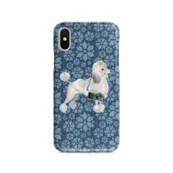 White poodle Denim phone case. 6 Denim styles for your Iphone 15 Pro Max, Iphone 14, 13, 12 to 6 & Samsung Galaxy S23 Ultra, S22, S21 to S6. 11 adventure dogs case denim white poodle daisy denim front view