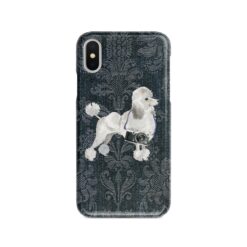 White poodle Denim phone case. 6 Denim styles for your Iphone 15 Pro Max, Iphone 14, 13, 12 to 6 & Samsung Galaxy S23 Ultra, S22, S21 to S6. 12 adventure dogs case denim white poodle dark damask denim front view