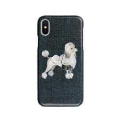 White poodle Denim phone case. 6 Denim styles for your Iphone 15 Pro Max, Iphone 14, 13, 12 to 6 & Samsung Galaxy S23 Ultra, S22, S21 to S6. 13 adventure dogs case denim white poodle dark denim front view