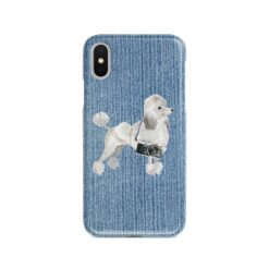 White poodle Denim phone case. 6 Denim styles for your Iphone 15 Pro Max, Iphone 14, 13, 12 to 6 & Samsung Galaxy S23 Ultra, S22, S21 to S6. 14 adventure dogs case denim white poodle gently faded denim front view
