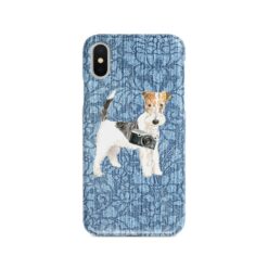Wire Haired Fox Terrier Denim phone case. 6 Denim styles for your Iphone 15 Pro Max, Iphone 14, 13, 12 to 6 & Samsung Galaxy S23 Ultra, S22, S21 to S6. 10 adventure dogs case denim wire haired fox terrier bleached damask denim front view