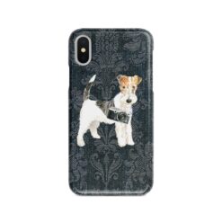 Wire Haired Fox Terrier Denim phone case. 6 Denim styles for your Iphone 15 Pro Max, Iphone 14, 13, 12 to 6 & Samsung Galaxy S23 Ultra, S22, S21 to S6. 12 adventure dogs case denim wire haired fox terrier dark damask denim front view