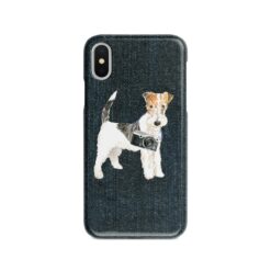 Wire Haired Fox Terrier Denim phone case. 6 Denim styles for your Iphone 15 Pro Max, Iphone 14, 13, 12 to 6 & Samsung Galaxy S23 Ultra, S22, S21 to S6. 13 adventure dogs case denim wire haired fox terrier dark denim front view