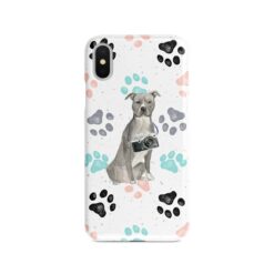 American Staffordshire terrier grey Muddy Paws phone case. 3 muddy styles for your Iphone 15 Pro Max, Iphone 14, 13, 12 to 6 & Samsung Galaxy S23 Ultra, S22, S21 to S6. 7 adventure dogs case muddy american staffordshire terrier grey colour paws front view