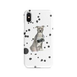American Staffordshire terrier grey Muddy Paws phone case. 3 muddy styles for your Iphone 15 Pro Max, Iphone 14, 13, 12 to 6 & Samsung Galaxy S23 Ultra, S22, S21 to S6. 8 adventure dogs case muddy american staffordshire terrier grey splash front view