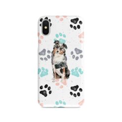 Australian Shepherd Muddy Paws phone case. 3 muddy styles for your Iphone 15 Pro Max, Iphone 14, 13, 12 to 6 & Samsung Galaxy S23 Ultra, S22, S21 to S6. 7 adventure dogs case muddy australian shepherd colour paws front view