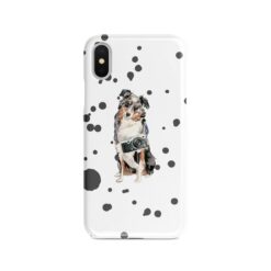 Australian Shepherd Muddy Paws phone case. 3 muddy styles for your Iphone 15 Pro Max, Iphone 14, 13, 12 to 6 & Samsung Galaxy S23 Ultra, S22, S21 to S6. 8 adventure dogs case muddy australian shepherd splash front view