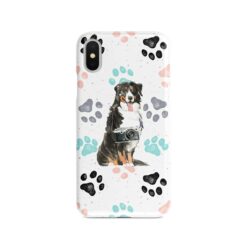 Bernese Mountain Dog Muddy Paws phone case. 3 muddy styles for your Iphone 15 Pro Max, Iphone 14, 13, 12 to 6 & Samsung Galaxy S23 Ultra, S22, S21 to S6. 7 adventure dogs case muddy bernese mountain dog colour paws front view