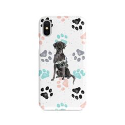 Black Lab Muddy Paws phone case. 3 muddy styles for your Iphone 15 Pro Max, Iphone 14, 13, 12 to 6 & Samsung Galaxy S23 Ultra, S22, S21 to S6. 7 adventure dogs case muddy black lab colour paws front view