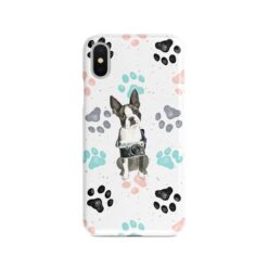 Boston Terrier Muddy Paws phone case. 3 muddy styles for your Iphone 15 Pro Max, Iphone 14, 13, 12 to 6 & Samsung Galaxy S23 Ultra, S22, S21 to S6. 7 adventure dogs case muddy boston terrier colour paws front view