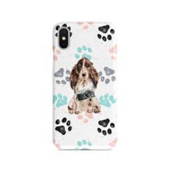 Brown Cocker Spaniel Muddy Paws phone case. 3 muddy styles for your Iphone 15 Pro Max, Iphone 14, 13, 12 to 6 & Samsung Galaxy S23 Ultra, S22, S21 to S6. 7 adventure dogs case muddy brown cocker spaniel colour paws front view