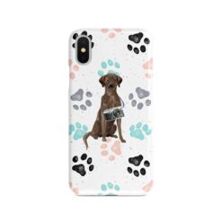 Brown Labrador retriever Muddy Paws phone case. 3 muddy styles for your Iphone 15 Pro Max, Iphone 14, 13, 12 to 6 & Samsung Galaxy S23 Ultra, S22, S21 to S6. 7 adventure dogs case muddy brown labrador retriever colour paws front view