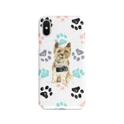 Cairn Terrier Muddy Paws phone case. 3 muddy styles for your Iphone 15 Pro Max, Iphone 14, 13, 12 to 6 & Samsung Galaxy S23 Ultra, S22, S21 to S6. 7 adventure dogs case muddy cairn terrier colour paws front view