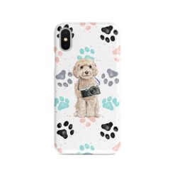 Champagne cockapoo Muddy Paws phone case. 3 muddy styles for your Iphone 15 Pro Max, Iphone 14, 13, 12 to 6 & Samsung Galaxy S23 Ultra, S22, S21 to S6. 7 adventure dogs case muddy champagne cockapoo colour paws front view