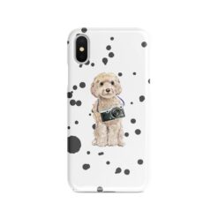 Champagne cockapoo Muddy Paws phone case. 3 muddy styles for your Iphone 15 Pro Max, Iphone 14, 13, 12 to 6 & Samsung Galaxy S23 Ultra, S22, S21 to S6. 8 adventure dogs case muddy champagne cockapoo splash front view