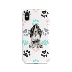 Cocker Spaniel Muddy Paws phone case. 3 muddy styles for your Iphone 15 Pro Max, Iphone 14, 13, 12 to 6 & Samsung Galaxy S23 Ultra, S22, S21 to S6. 7 adventure dogs case muddy cocker spaniel colour paws front view