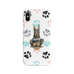 Doberman Muddy Paws phone case. 3 muddy styles for your Iphone 15 Pro Max, Iphone 14, 13, 12 to 6 & Samsung Galaxy S23 Ultra, S22, S21 to S6. 7 adventure dogs case muddy doberman colour paws front view