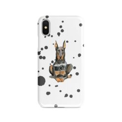 Doberman Muddy Paws phone case. 3 muddy styles for your Iphone 15 Pro Max, Iphone 14, 13, 12 to 6 & Samsung Galaxy S23 Ultra, S22, S21 to S6. 8 adventure dogs case muddy doberman splash front view