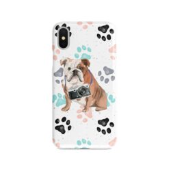 English Bulldog Muddy Paws phone case. 3 muddy styles for your Iphone 15 Pro Max, Iphone 14, 13, 12 to 6 & Samsung Galaxy S23 Ultra, S22, S21 to S6. 7 adventure dogs case muddy english bulldog colour paws front view